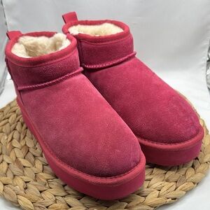 Bearpaw Cozy Pink Suede with Shearling Lined Platform Ankle Boots
